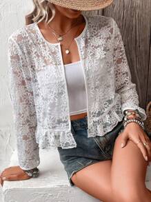 SHEIN LUNE Cazadora con encaje floral con parte delantera abierta bajo con fruncido - Blanco - Ver 4