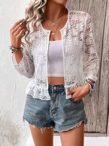 SHEIN LUNE Cazadora con encaje floral con parte delantera abierta bajo con fruncido - Blanco - Ver 6