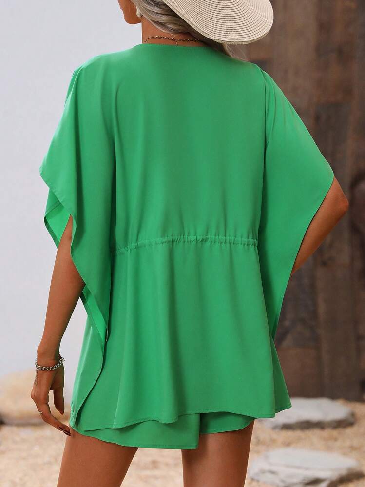 Breezaya Unicolore À Cordon Kimono & Short & Manches Chauve-Souris Top À Fines Brides - Vert - Voir 2