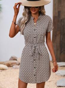 SHEIN LUNE Allover Print Batwing Sleeve Belted Shirt Dress - Khaki - View 1
