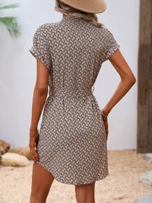 SHEIN LUNE Allover Print Batwing Sleeve Belted Shirt Dress - Khaki - View 2