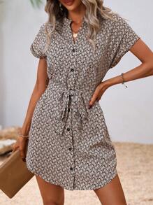 SHEIN LUNE Allover Print Batwing Sleeve Belted Shirt Dress - Khaki - View 3