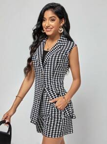 SHEIN Clasi 秋冬千鸟格印花背心外套和短裤 - 黑與白 - 查看 1