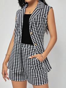 SHEIN Clasi 秋冬千鸟格印花背心外套和短裤 - 黑與白 - 查看 3