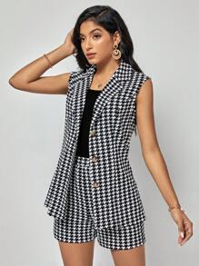 SHEIN Clasi 秋冬千鸟格印花背心外套和短裤 - 黑與白 - 查看 5