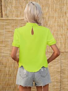 SHEIN LUNE 花卉刺繡貝殼邊小高領泡泡袖襯衫 - 黃色 - 查看 2