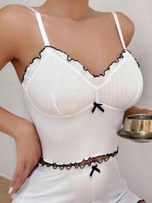 Contrast Binding Lettuce Trim Bow Front Cami Sleep Top - White - View 1