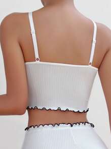 Contrast Binding Lettuce Trim Bow Front Cami Sleep Top - White - View 2