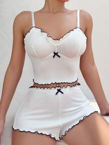 Contrast Binding Lettuce Trim Bow Front Cami Sleep Top - White - View 4