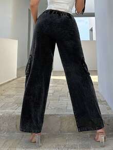 SHEIN SXY 側翻蓋口袋闊腿褲 - 黑色 - 查看 2