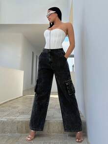 SHEIN SXY 側翻蓋口袋闊腿褲 - 黑色 - 查看 4