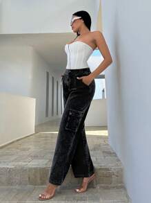 SHEIN SXY 側翻蓋口袋闊腿褲 - 黑色 - 查看 5