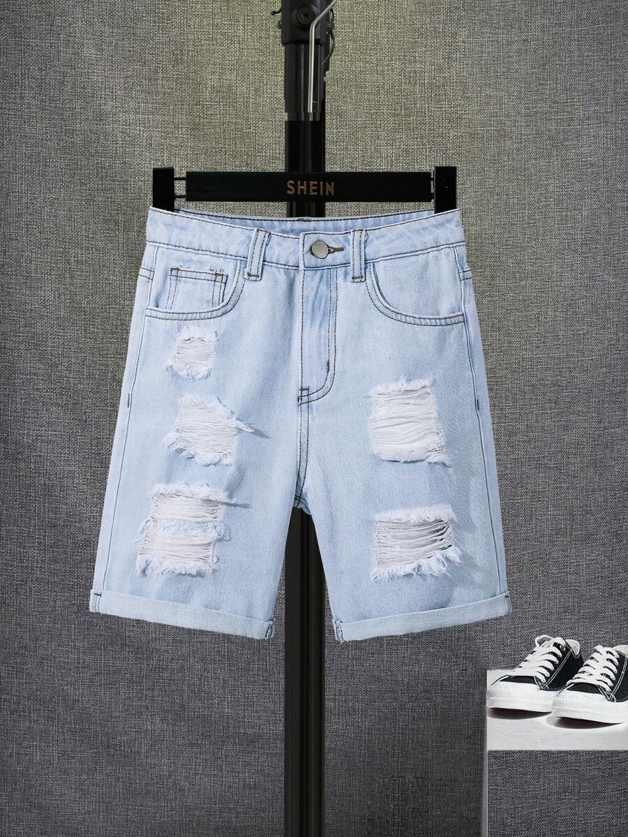 SHEIN 男孩破洞抽鬚牛仔短褲 - 淺色水洗藍 - 查看 1