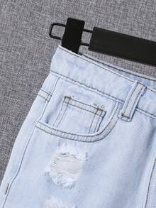 SHEIN 男孩破洞抽鬚牛仔短褲 - 淺色水洗藍 - 查看 3