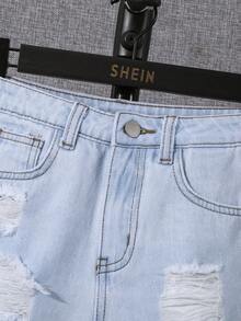 SHEIN 男孩破洞抽鬚牛仔短褲 - 淺色水洗藍 - 查看 5