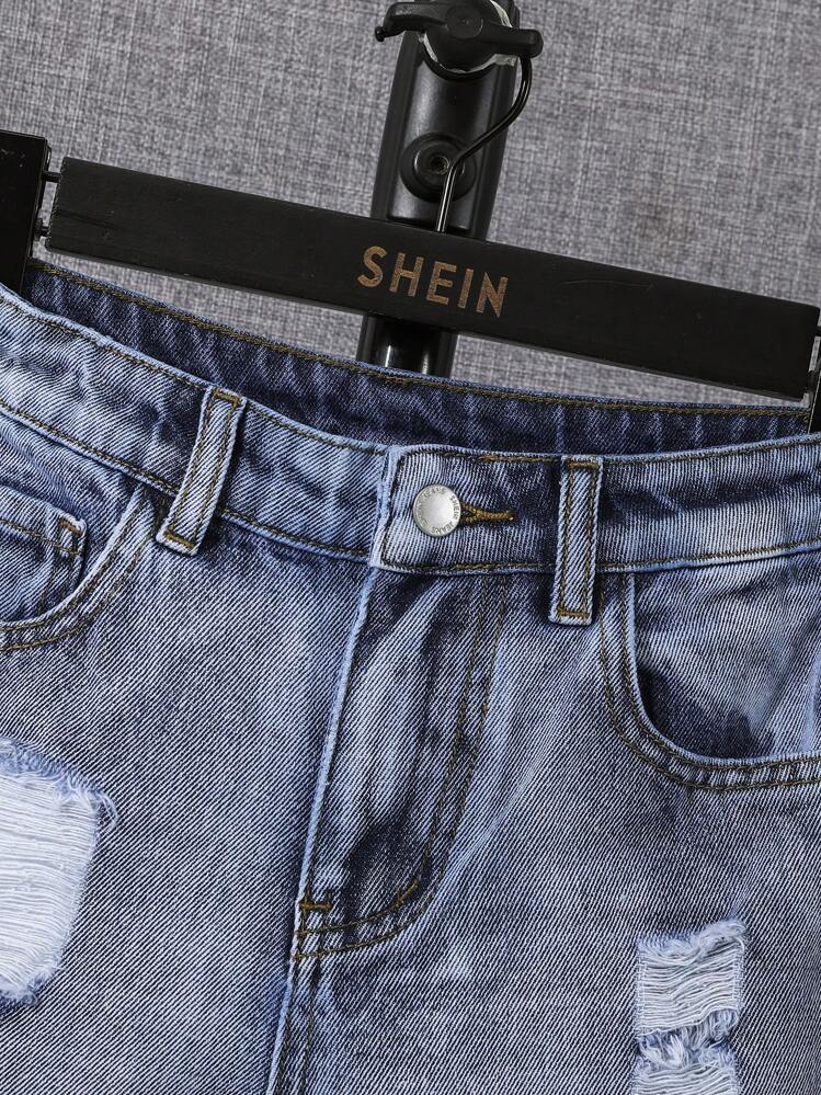 SHEIN Tween Boy Ripped Raw Hem Denim Shorts - Light Wash - View 3