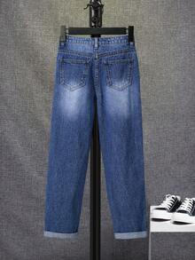 SHEIN Bé Trai Quần Jeans Nút Túi Bị tách Dây kéo Denim mùa giặt màu trơn - Rửa tối - Xem 2