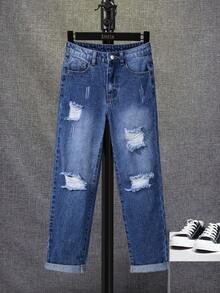 SHEIN Bé Trai Quần Jeans Nút Túi Bị tách Dây kéo Denim mùa giặt màu trơn - Rửa tối - Xem 3