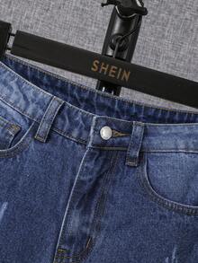 SHEIN Bé Trai Quần Jeans Nút Túi Bị tách Dây kéo Denim mùa giặt màu trơn - Rửa tối - Xem 5