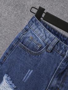 SHEIN Bé Trai Quần Jeans Nút Túi Bị tách Dây kéo Denim mùa giặt màu trơn - Rửa tối - Xem 6