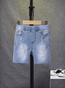 SHEIN Young Boy Ripped Frayed Bleach Wash Denim Shorts - Light Wash - View 1