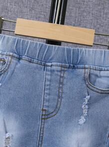 SHEIN Young Boy Ripped Frayed Bleach Wash Denim Shorts - Light Wash - View 3