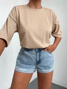 Cottnline 蝴蝶和標語圖案落肩T恤 - 米色 - 查看 6