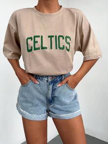 Cottnline 字母圖案落肩T恤 - 米色 - 查看 4