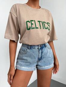 Cottnline 字母圖案落肩T恤 - 米色 - 查看 5