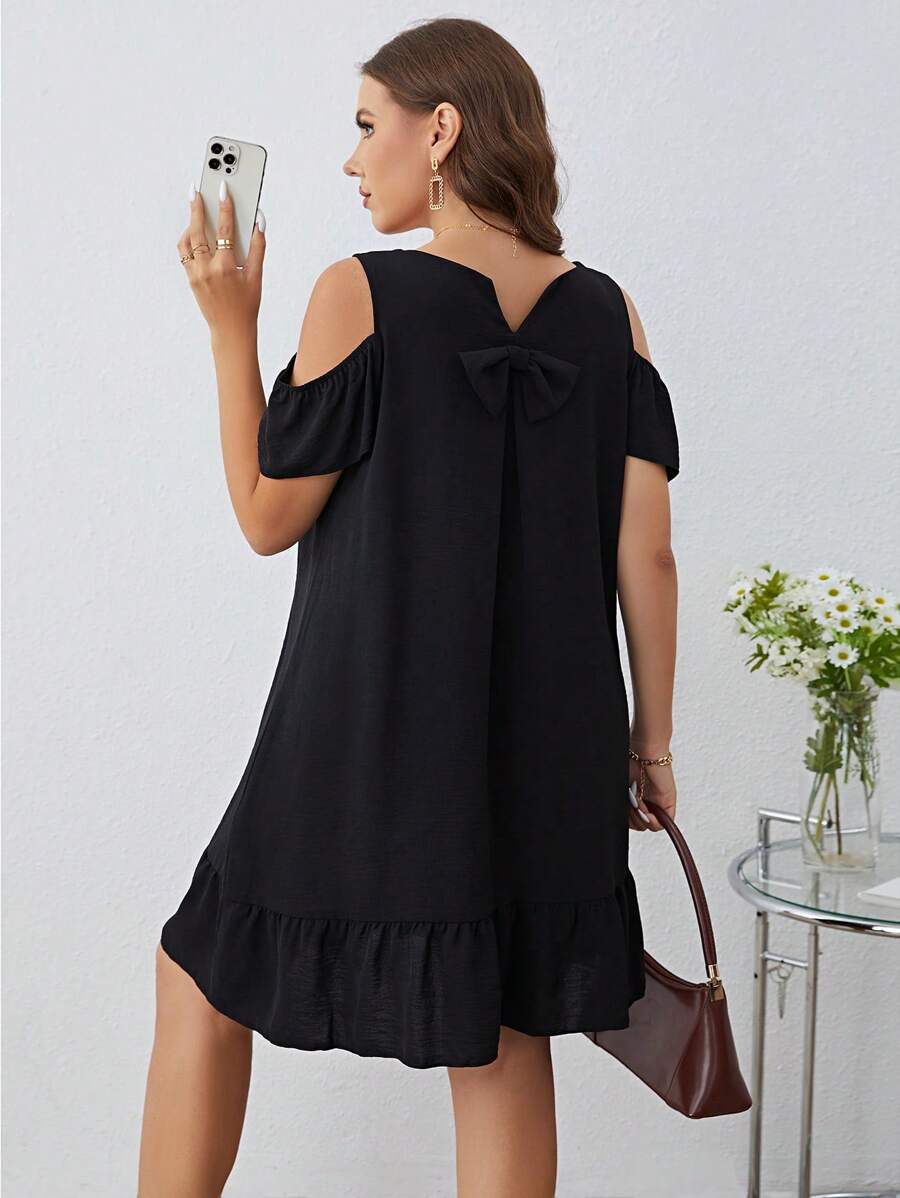 SHEIN Clasi Plus Cold Shoulder Bow Back Ruffle Hem Smock Dress - Black - View 1