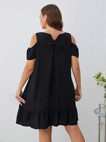 SHEIN Clasi Plus Cold Shoulder Bow Back Ruffle Hem Smock Dress - Black - View 2