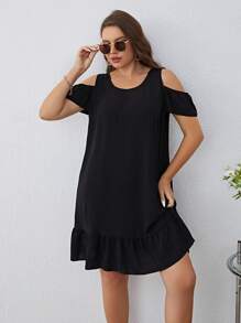SHEIN Clasi Plus Cold Shoulder Bow Back Ruffle Hem Smock Dress - Black - View 3