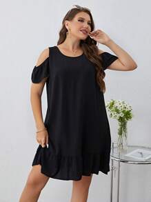 SHEIN Clasi Plus Cold Shoulder Bow Back Ruffle Hem Smock Dress - Black - View 4