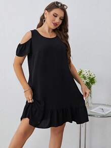 SHEIN Clasi Plus Cold Shoulder Bow Back Ruffle Hem Smock Dress - Black - View 5