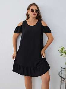 SHEIN Clasi Plus Cold Shoulder Bow Back Ruffle Hem Smock Dress - Black - View 6