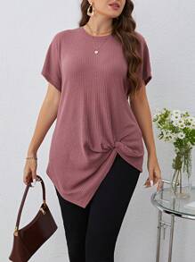 SHEIN LUNE Plus Twist Hem Waffle Knit Tee - Purple - View 3