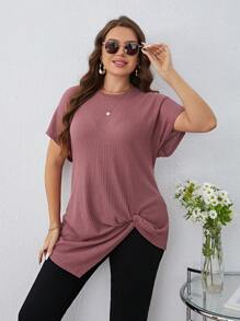 SHEIN LUNE Plus Twist Hem Waffle Knit Tee - Purple - View 4