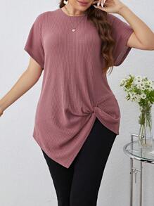 SHEIN LUNE Plus Twist Hem Waffle Knit Tee - Purple - View 6