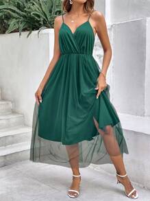 SHEIN LUNE Contrast Mesh Overlap Collar Cami Dress