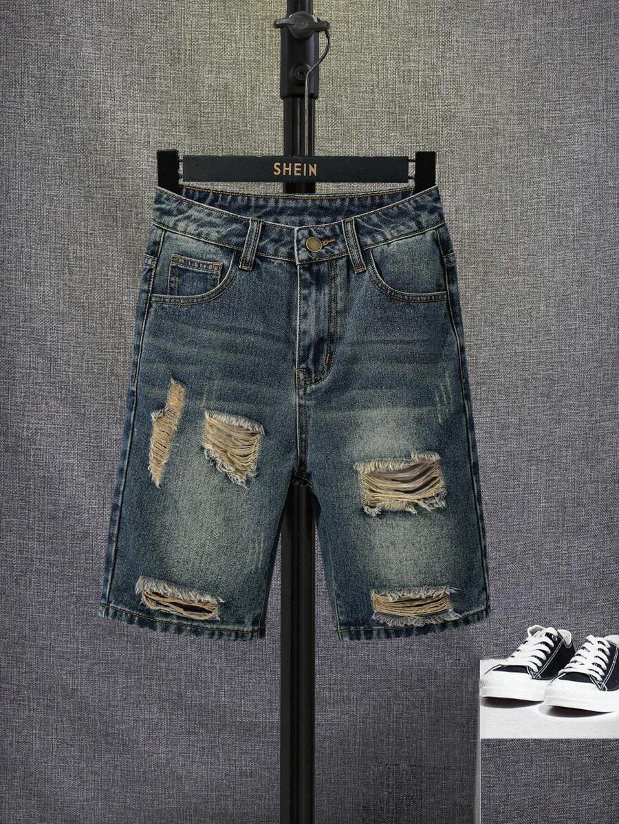 SHEIN Tween Boy Ripped Frayed Bleach Wash Denim Shorts