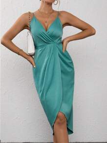 SHEIN Clasi Solid Wrap Hem Cami Dress Wedding Guest Dress - Blue - View 4