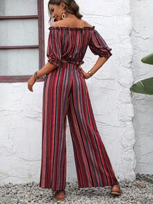 SHEIN VCAY 條紋圖案一字肩褶邊上衣和闊腿褲 - 彩色 - 查看 2