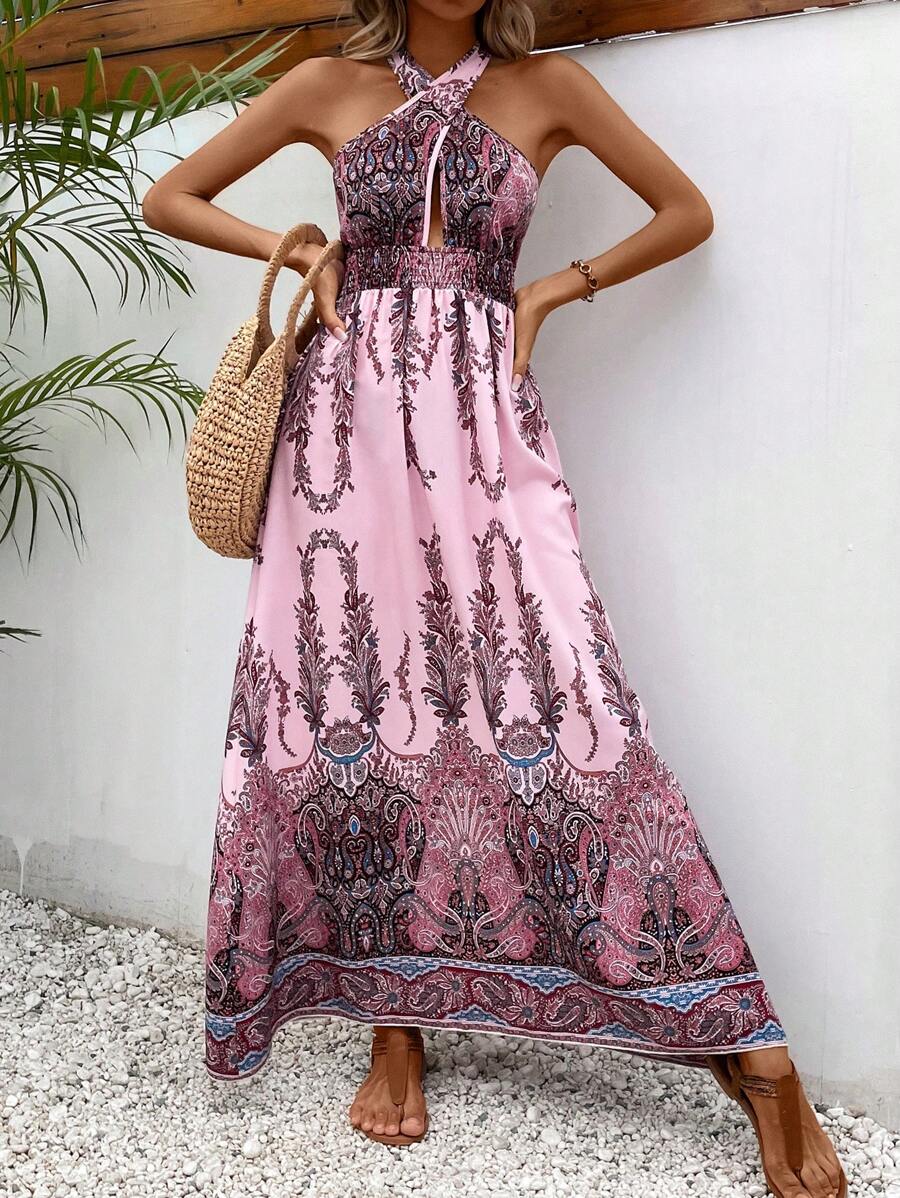 SHEIN LUNE 印花交叉掛脖連衣裙 - 紫色 - 查看 1