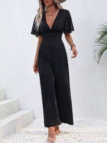 SHEIN LUNE 蕾絲拼接蝴蝶袖闊腿連體褲 - 黑色 - 查看 3