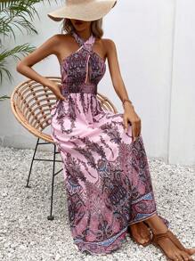 SHEIN LUNE 印花交叉掛脖連衣裙 - 紫色 - 查看 4