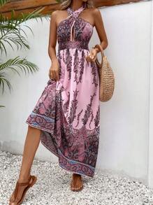 SHEIN LUNE 印花交叉掛脖連衣裙 - 紫色 - 查看 6