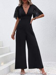 SHEIN LUNE 蕾絲拼接蝴蝶袖闊腿連體褲 - 黑色 - 查看 6