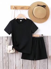 SHEIN 女孩標語圖案T恤和短褲