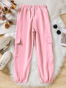 Sparklyn 少女時尚街頭簡約風格粉色工裝褲，帶口袋和彈性口袋口袋 - 粉色 - 查看 2