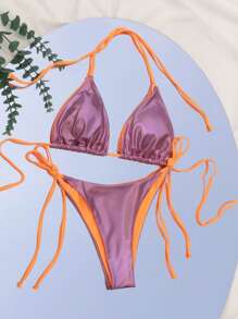 SHEIN Swim Summer Beach Metallic Halter Triangle Tie Side Bikini Set - Pink - View 1